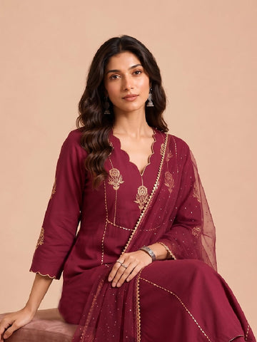 Varanga Women Ethnic Motifs Embroidered Regular Thread Work Kurta with Palazzos & With Dupatta