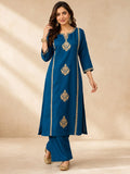 Women's Blue Kurta Set With Strip Dupatta