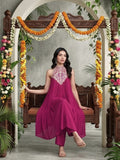 Varanga Women Fushcia Embroidered Sleeveless Flared Kurta Paired With Tonal Bottom