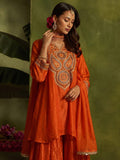 Rust Yoke Embroidered Kurta With Flared Sharara And Dupatta.