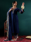 Varanga Women Blue Embroidered Straight Kurta Paired With Tonal Embroidered Bottom And With Tonal Chiffon Dotted Dupatta