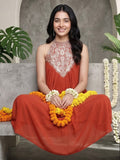 Varanga Women Halter Neck Zari And Sequence Embroidered Sleeveless Flared Kurta Paired With Tonal Bottom