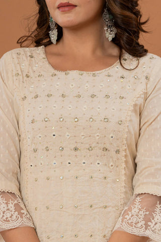 Varanga Women Floral Embroidered Panelled Mirror Work Pure Cotton Kurta with Trousers & Dupatta