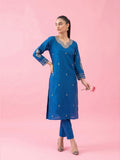 Blue Embroidered Chanderi Kurta Set With Straight Pants And Zari-Bordered Dupatta.