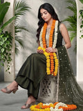 Varanga Women Olive Green Lace Embellished Sleeveless Straight Kurta Paired With Tonal Plazzo And Dupatta