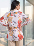 White Coloured Slim Collar Long Sleeves Floral Shirt