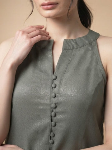 Solid Grey Halter Neck Front Slit Kurta With Palazzos