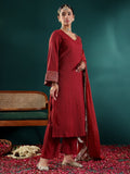 Varanga Women Maroon Solid V-Neck  Embellished With Gota Straight Kurta Paired With Tonal Bottom And Dupatta