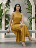 Varanga Women Mustard Halter Neck Straight Lurex Kurta with trouser
