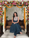 Varanga Women Blue Yoke Embroidered Sleeveless Flared Kurta With Trousers.