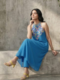 Varanga Women Halter Neck Blue Sleeveless Flared Kurta Paired With Tonal Bottom