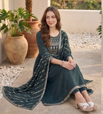 Varanga Women Grey Yoke Embroidered Straight Kurta Paired With Tonal Solid Bottom And Dupatta