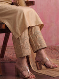 Beige Embroidered Chanderi Kurta Set With Straight Pants And Organza Dupatta.