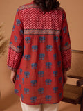 Women Rust Chevron & Lotus Flared Top Pure Cotton Regular Flared Crop A-Line Mandarin Collar