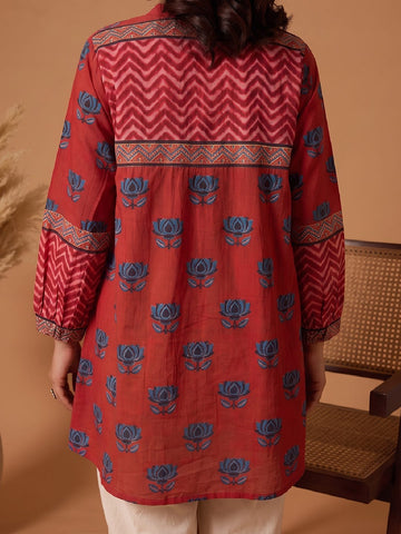 Women Rust Chevron & Lotus Flared Top Pure Cotton Regular Flared Crop A-Line Mandarin Collar