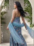 Azure Blue All-Over Floral Print Kurta Set With Dupatta