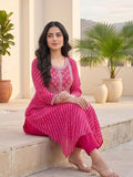 Bandhani-Printed Fuchsia Anarkali With Zari-Embroidered Yoke, Paired With Solid Trousers And Dupatta .