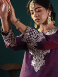 Violet Embroidered Straight Kurta Paired With Tonal Bottom And Dupatta With Four Side Fringes