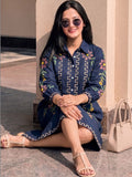 Blue Embroidered Shirt Dress Featuring Vibrant Floral Threadwork