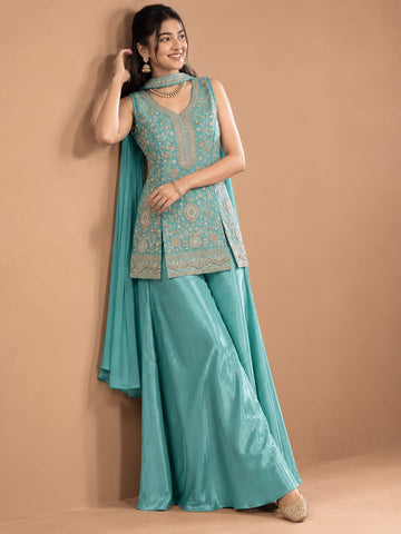 Sea Blue Embroidered Kurta Set Featuring Zari And Sequin Work With A Matching Flared Palazzo And Embellished Dupatta