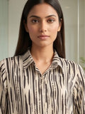 Cream Coloured Slim Collar Long Sleeves Abstract Shirt