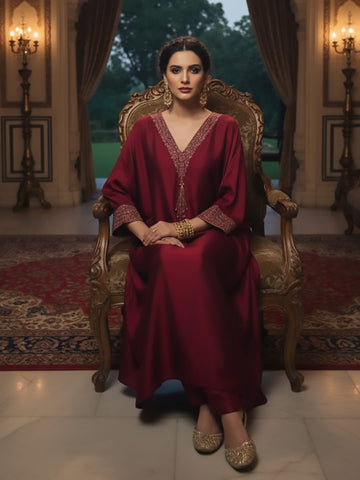 Zari Embroidered Neck Flared Kaftan with Trouser