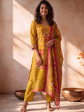 Mustard Kurta Set Featuring Artistic Prints And A Statement Dupatta