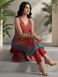 Everyday-ready rust A-line V-neck kurta paired with soft, elasticated solid trousers.
