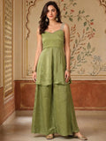 Olive Green Embellished Sharara Set With A Mirror Work Strappy Top & Dupatta.