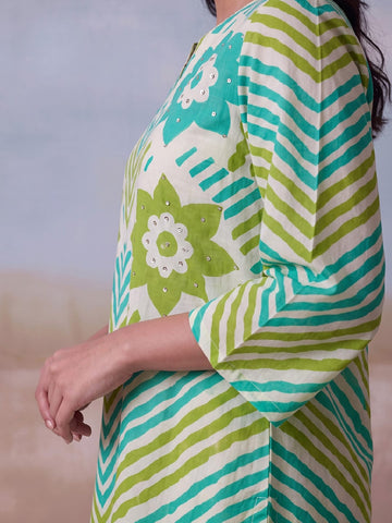 Cotton Striped Printed A-Line Kurta With Solid Trouser