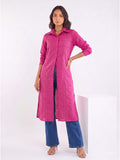 Pink Shirt-Style Kurta Elevated With Chic Contrast Stitch Detailing.