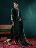 Varanga Women Green Yoke Embroidered Straight Kurta Paired With Tonal Bottom And Net Dupatta With Four Side Embroidered Taping