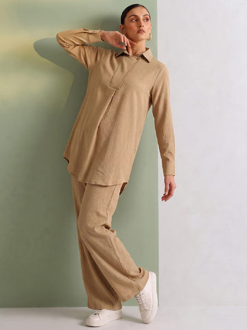 Women's Solid Relaxed-Fit Shirt & Wide-Leg Co-Ord Set