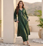 Varanga Women Green Embroidered  Long & Flared Sleeves Kurta With Tonal Bottom