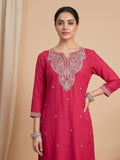 Fuchsia Straight-Fit Kurta Set With Solid Ankle-Length Trousers And An Embroidered Dupatta