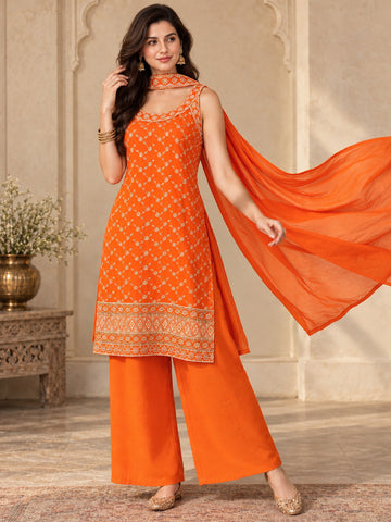 Varanga Women Ethnic Motifs Embroidered Regular Thread Work Kurta with Palazzos & With Dupatta