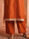 Women Rust Embroidered Kurta Set With Striped Dupatta