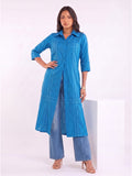 Blue Shirt-Style Kurta Elevated With Chic Contrast Stitch Detailing.