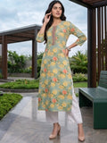 Varanga Women Sea Green Floral Printed Mirror And Thread Embroidered Straight Kurta With Thtree Quarter Sleeves