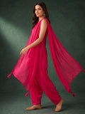 Rani Pink Solid V Neck Short Kurta With Farsi Salwar And Dupatta.