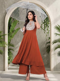 Varanga Women Rust Yoke Embroidered Sleeveless Flared Kurta With Trousers.