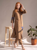 Womens Mocha Elephant embroidery Shirt-Style Kurta with Straight Trousers