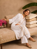 Ivory White Embroidered Kurta With Mandarin Collar And Geometric Thread Work