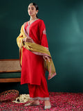 Varanga Women Red Zari Embroidered Kurta With Bottom And Dupatta