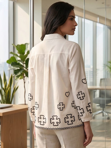 White Coloured Slim Collar Long Sleeves Ethnic Motifs Shirt