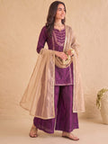 Wine Embroidered Kurta Set Paired With A Shimmering Organza Dupatta.