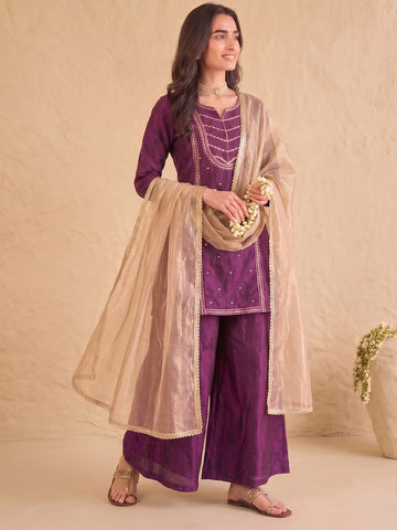 Wine Embroidered Kurta Set Paired With A Shimmering Organza Dupatta.