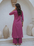 Women Geometric Embroidered Wine Kurta Set With Shirt Collar