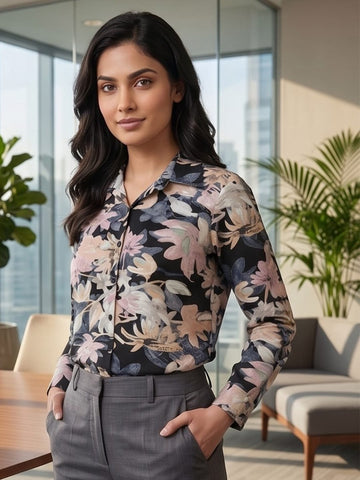 Black Coloured Slim Collar Long Sleeves Floral Shirt