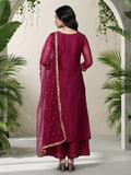 Varanga Women Fuchsia Lace Embellished Sleeveless Straight Kurta Paired With Tonal Plazzo And Dupatta